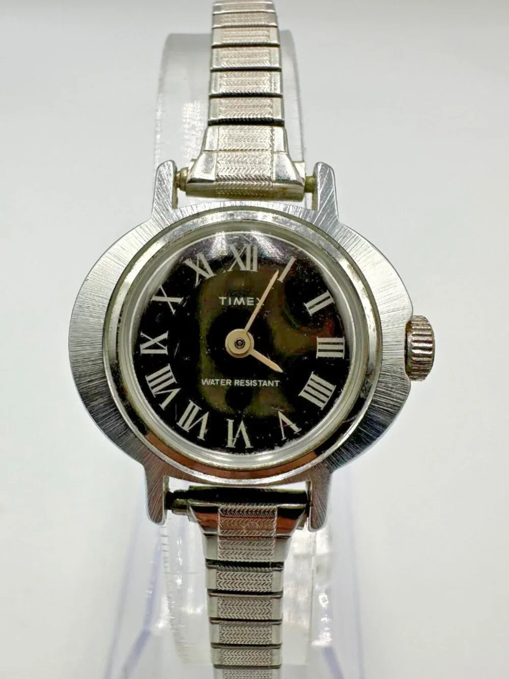 Timex Manual Wind Watch Women Silver Tone Brown Dial Stretch Band 6.75 Inch